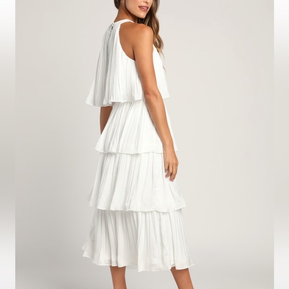 LULU'S SZ S Tier and Far White Tiered Pleated Halter Midi Dress - Picture 6 of 15